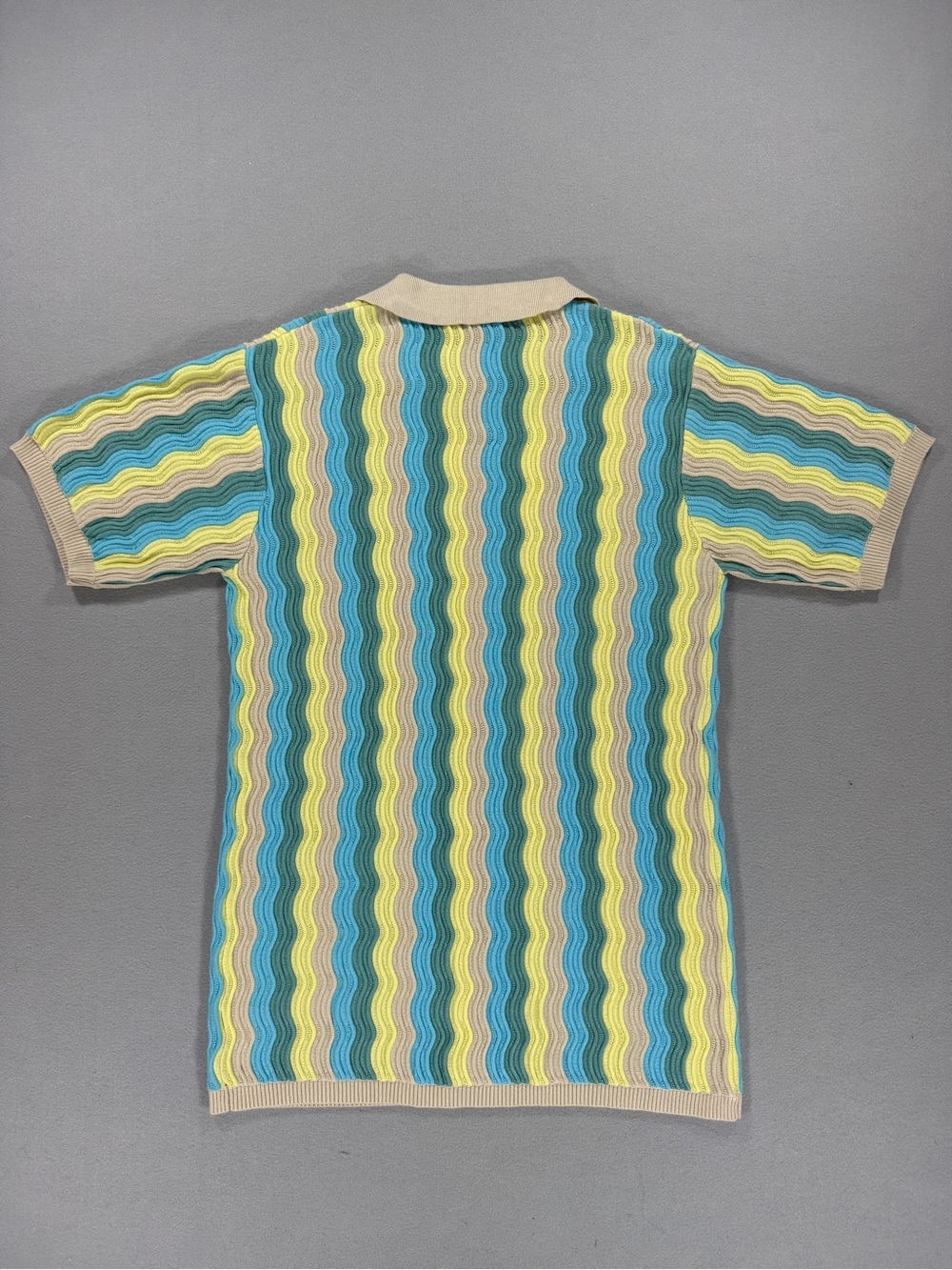 yllw the label Felix Knit Dress Blue Yellow Wave Stripe Button Collared Retro - Picture 15 of 15